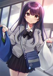 Rule 34 | 1girl, :t, bad id, bad pixiv id, bag, bag charm, black bow, black skirt, blurry, blurry background, blush, bow, cardigan, charm (object), closed mouth, collared shirt, commentary request, depth of field, dress shirt, grey cardigan, hair between eyes, highres, holding, holding bag, long hair, looking at viewer, minami saki, original, plastic bag, pleated skirt, pout, purple hair, red eyes, school uniform, shirt, shoulder bag, skirt, solo, standing, star (symbol), v-shaped eyebrows, very long hair, white shirt