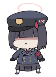 Rule 34 | 1girl, black footwear, black gloves, black hair, black hat, black jacket, black skirt, blue archive, chibi, closed mouth, collared shirt, commentary request, full body, gloves, hair over eyes, halo, hat, jacket, long sleeves, lowres, nyaru (nyaru 4126), peaked cap, pink halo, pleated skirt, prefect team member (blue archive), shirt, shoes, short hair, simple background, skirt, solo, white background, white shirt