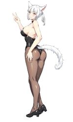 Rule 34 | 1girl, animal ears, ass, bare shoulders, black choker, black leotard, breasts, cat ears, cat girl, cat tail, choker, commission, facial mark, final fantasy, final fantasy xiv, fishnet pantyhose, fishnets, green eyes, heterochromia, high heels, jamjamstyle, kittysuit, large breasts, leotard, looking at viewer, miqo&#039;te, nontraditional playboy bunny, pantyhose, short hair, short ponytail, solo, tail, v, warrior of light (ff14), whisker markings, white background, white hair, yellow eyes