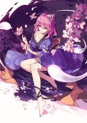 Rule 34 | 1girl, ankle ribbon, bare shoulders, barefoot, blue kimono, bug, butterfly, cherry blossoms, closed mouth, collarbone, hair between eyes, highres, insect, japanese clothes, kimono, leg ribbon, legs, light smile, long sleeves, off shoulder, petals, pink hair, red eyes, ribbon, saigyouji yuyuko, sam ashton, short hair, sitting, smile, solo, touhou, triangular headpiece, water, wide sleeves