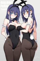 Rule 34 | 2girls, absurdres, adjusting clothes, adjusting leotard, alternate hair length, alternate hairstyle, animal ears, ass, black leotard, blue eyes, blue hair, blush, breasts, commentary request, detached collar, fake animal ears, fake tail, highleg, highleg leotard, highres, hoshizuki kaede, hoshizuki suzu, kaede to suzu, kyokucho, large breasts, leotard, long hair, looking at viewer, looking back, mole, mole on breast, multiple girls, orange eyes, original, pantyhose, playboy bunny, rabbit ears, siblings, simple background, sisters, strapless, strapless leotard, tail, twins