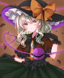 Rule 34 | 1girl, alternate costume, black gloves, bow, brown background, commentary request, crystal, gloves, green eyes, green hair, hair between eyes, hand up, hat, heart, jaku sono, jewelry, komeiji koishi, long sleeves, looking away, open mouth, solo, third eye, touhou