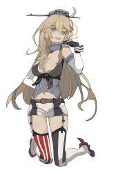 Rule 34 | 1girl, asymmetrical legwear, bad id, bad twitter id, blonde hair, blue eyes, breasts, fingerless gloves, front-tie top, full body, garter straps, gloves, headgear, highres, iowa (kancolle), kantai collection, large breasts, looking at viewer, miniskirt, mismatched legwear, simple background, skirt, solo, star-shaped pupils, star (symbol), striped clothes, striped skirt, striped thighhighs, symbol-shaped pupils, thighhighs, umi owl, vertical-striped clothes, vertical-striped skirt, vertical-striped thighhighs, white background