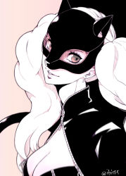 Rule 34 | 1girl, black background, breasts, brown eyes, cat mask, cleavage, earrings, head tilt, hi (ibisf5umauma), jewelry, limited palette, long hair, looking at viewer, mask, medium breasts, parted lips, persona, persona 5, pink background, silver hair, smile, solo, takamaki anne, twintails, twitter username, two-tone background, very long hair