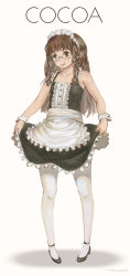 Rule 34 | 1girl, absurdres, apron, artist name, bare shoulders, black dress, black footwear, braid, brown hair, character name, cocoa (kuon (kwonchanji)), curtsey, dated, dress, flat chest, frilled apron, frilled dress, frills, full body, glasses, highres, kuon (kwonchanji), long hair, looking down, maid, maid apron, maid headdress, open mouth, original, round teeth, shoes, simple background, sleeveless, sleeveless dress, smile, solo, teeth, twin braids, white legwear, wrist cuffs