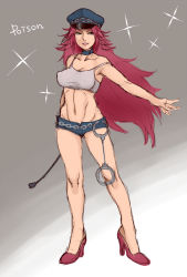 Rule 34 | 1girl, bad id, bad pixiv id, big hair, blue eyes, blue shorts, breasts, capcom, character name, choker, cuffs, cutoffs, denim, denim shorts, final fight, handcuffs, hat, high heels, kyosu, large breasts, long hair, peaked cap, pink hair, poison (final fight), riding crop, shoes, short shorts, shorts, solo, sparkle, tank top