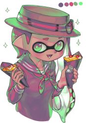 Rule 34 | 1girl, :d, bad id, bad twitter id, bow, brown eyes, brown hair, brown hat, collarbone, color guide, commentary, crepe, cropped torso, fangs, food, fruit, gradient eyes, gradient hair, green eyes, green hair, hat, hat bow, highres, holding, holding food, inkling, inkling girl, inkling player character, kashu (hizake), limited palette, long hair, long sleeves, looking at viewer, monster girl, multicolored eyes, multicolored hair, neckerchief, nintendo, open mouth, pointy ears, red neckerchief, school uniform, serafuku, shirt, short eyebrows, smile, solo, sparkle, sparkle background, splatoon (series), splatoon 2, strawberry, tentacle hair, upper body, white background, white shirt