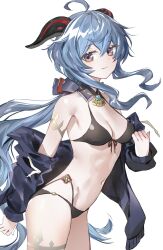 Rule 34 | 1girl, ahoge, bare shoulders, bikini, black bikini, black jacket, blue hair, breasts, cleavage, commentary request, cowboy shot, ganyu (genshin impact), genshin impact, grey eyes, highres, horns, jacket, long hair, looking at viewer, navel, ryoma (rym 369), sidelocks, simple background, small breasts, smile, solo, standing, stomach, swimsuit, thighs, very long hair, white background