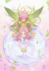 Rule 34 | 2girls, brown eyes, brown hair, closed eyes, closed mouth, detached sleeves, digimon, digimon (creature), digimon adventure, dress, fairy, fairy wings, flower, flower on head, from above, green hair, green sleeves, hair flower, hair ornament, highres, holding, holding flower, lanlllan, lilimon, looking at viewer, looking up, multiple girls, nail polish, parted lips, pink dress, plant hair, sleeveless, sleeveless dress, tachikawa mimi, thorns, twitter username, white dress, wings