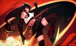 Rule 34 | 1girl, arm guards, bare shoulders, bike shorts, bike shorts under skirt, black gloves, black hair, black skirt, black thighhighs, breasts, commentary, crop top, earrings, elbow gloves, english commentary, explosion, fighting stance, final fantasy, final fantasy vii, final fantasy vii remake, fingerless gloves, gloves, gradient background, highres, jewelry, knee up, large breasts, long hair, looking to the side, low-tied long hair, midriff, parted lips, qtori, red eyes, skirt, solo, standing, standing on one leg, suspender skirt, suspenders, tank top, teardrop earring, thighhighs, tifa lockhart