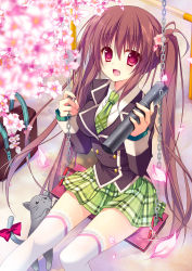 Rule 34 | 1girl, :&lt;, :d, bag, brown hair, cat, cherry blossoms, green necktie, green skirt, highres, lace, lace-trimmed legwear, lace trim, matsumiya kiseri, necktie, open mouth, original, pink eyes, plaid, plaid skirt, revision, ribbon, school uniform, skirt, smile, swing, tail, tail ornament, tail ribbon, thighhighs, tube, twintails, white thighhighs, zettai ryouiki