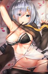 Rule 34 | 10s, 1girl, absurdres, black bra, black panties, blue eyes, blush, bra, breasts, buttons, crotch seam, eyes visible through hair, hair ornament, hair over one eye, hairclip, hamakaze (kancolle), heart, heart-shaped pupils, highres, kantai collection, large breasts, long sleeves, looking at viewer, lying, mono (sunegey), mouth hold, navel, no gloves, open clothes, panties, pantyhose, petals, pillow, school uniform, serafuku, short hair, silver hair, smile, solo, symbol-shaped pupils, thighband pantyhose, underwear