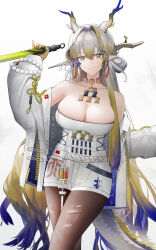 Rule 34 | 1girl, alternate breast size, arknights, bare shoulders, blonde hair, blue hair, breasts, choker, cleavage, colored tips, dragon girl, dragon horns, earrings, gradient hair, grey hair, highres, holding, holding sword, holding weapon, horns, jacket, jewelry, large breasts, long hair, long sleeves, looking at viewer, multicolored hair, off shoulder, open clothes, open jacket, pantyhose, pointy ears, shorts, shu (arknights), solo, strapless, sword, tassel, tassel earrings, torn clothes, torn pantyhose, tube top, weapon, white background, white jacket, yuuki mix