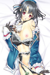 Rule 34 | 10s, 1girl, bare shoulders, bed, beret, black bra, black gloves, black hair, bra, bra pull, breasts, clothes pull, female focus, garter belt, gloves, hat, head tilt, kantai collection, lace, lace-trimmed bra, lace-trimmed panties, lace trim, lingerie, lying, military, military uniform, navel, nipples, on back, open clothes, open mouth, open shirt, panties, panty pull, red eyes, shirt, short hair, solo, soyosoyo, takao (kancolle), underwear, uniform