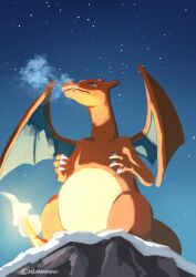 Rule 34 | breath, charizard, claws, commentary request, creatures (company), fangs, fangs out, flame-tipped tail, from below, funahashi (nkmmmmr), game freak, gen 1 pokemon, highres, looking up, night, nintendo, no humans, outdoors, pokemon, pokemon (creature), sky, solo, star (sky), twitter username, watermark