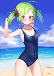 Rule 34 | 1girl, ahoge, bare shoulders, beach, blue sky, blush, cloud, collarbone, commentary, commission, covered navel, day, delutaya, diagonal bangs, earrings, english commentary, green hair, highres, horizon, indie virtual youtuber, jewelry, k mugura, looking at viewer, ocean, one-piece swimsuit, open mouth, outdoors, red eyes, sand, second-party source, short twintails, sky, smile, solo, standing, swimsuit, triangle earrings, twintails, virtual youtuber, water