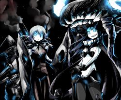 Rule 34 | 2girls, abyssal ship, black gloves, black hair, blue eyes, bodysuit, cannon, cape, cosplay, costume switch, gloves, glowing, glowing eyes, grin, kantai collection, long hair, looking at viewer, machinery, multiple girls, pale skin, rariatto (ganguri), ru-class battleship, ru-class battleship (cosplay), short hair with long locks, silver hair, smile, staff, wo-class aircraft carrier, wo-class aircraft carrier (cosplay)