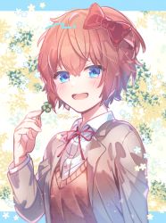 Rule 34 | 1girl, :d, aicedrop, blue eyes, blush, bow, brown hair, clover, commentary request, doki doki literature club, four-leaf clover, hair between eyes, hair bow, holding, holding clover, jacket, long sleeves, neck ribbon, open clothes, open jacket, open mouth, red bow, red ribbon, ribbon, sayori (doki doki literature club), shirt, short hair, signature, smile, solo, upper body, white shirt, wing collar