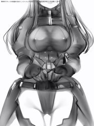 Rule 34 | 1girl, alice gear aegis, bad id, bad pixiv id, breasts, covered erect nipples, cowboy shot, facing viewer, gloves, gluteal fold, greyscale, head out of frame, highres, juliet sleeves, kagome misaki, large breasts, leotard, light smile, long hair, long sleeves, monochrome, nanashi (nlo), parted lips, puffy sleeves, simple background, solo, standing, white background
