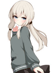 Rule 34 | 1girl, black skirt, blue eyes, blush, breasts, closed mouth, commentary request, from side, grey sweater, hair between eyes, highres, light brown hair, long hair, long sleeves, looking at viewer, looking to the side, low twintails, ominaeshi (takenoko), original, pleated skirt, sidelocks, simple background, skirt, sleeves past wrists, small breasts, solo, sweater, twintails, white background