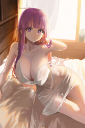 Rule 34 | 1girl, absurdres, arm support, breasts, cleavage, collarbone, curtains, dress, egoswans, fern (sousou no frieren), highres, large breasts, long hair, looking at viewer, lying, on side, parted lips, purple eyes, purple hair, solo, sousou no frieren, strap slip, thigh gap, thighs, very long hair, white dress, window