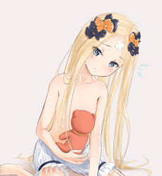Rule 34 | 1girl, abigail williams (fate), barefoot, black bow, blonde hair, bloomers, blue eyes, blush, bow, breasts, brown background, closed mouth, collarbone, commentary request, crossed bandaids, fate/grand order, fate (series), flying sweatdrops, hair bow, hair censor, hair over breasts, hair over one breast, head tilt, highres, holding, holding stuffed toy, leaning forward, long hair, looking at viewer, orange bow, sakazakinchan, simple background, small breasts, solo, stuffed animal, stuffed toy, teddy bear, topless, underwear, underwear only, very long hair, white bloomers