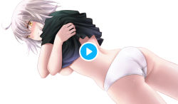 Rule 34 | 1girl, ahoge, blush, breasts, crotch seam, fate/grand order, fate (series), jeanne d&#039;arc alter (fate), large breasts, omizu (omz), panties, play button, short hair, simple background, underwear, undressing, white background, white hair, white panties, yellow eyes