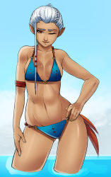 Rule 34 | 1girl, ;), armband, bikini, blue bikini, braid, breasts, contrapposto, eyebrows, french braid, fringe trim, greenmarine, hand on own hip, highres, hyrule warriors, impa, light smile, lips, md5 mismatch, navel, nintendo, nose, one eye closed, pointy ears, red eyes, resized, resolution mismatch, small breasts, smile, solo, source larger, standing, swimsuit, the legend of zelda, wading, water, white hair, wide hips
