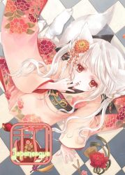 Rule 34 | 1girl, albino, animal ears, comb, finger to mouth, flower, from above, hair flower, hair ornament, japanese clothes, kimono, lips, long hair, looking up, minakami kaori, obi, orange eyes, original, sash, silver hair, sitting, solo, tail, wide sleeves, wolf ears