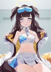 Rule 34 | 1girl, absurdres, animal ears, bada (jksh5056), bare shoulders, black hair, blue archive, blue eyes, blurry, blurry background, blush, breasts, cheerleader, crop top, depth of field, dog ears, dog girl, dog tail, eyewear on head, goggles, goggles on head, halo, hibiki (blue archive), hibiki (cheer squad) (blue archive), highres, jacket, long hair, looking at viewer, midriff, millennium cheerleader outfit (blue archive), navel, off shoulder, open clothes, open jacket, pleated skirt, sitting, skirt, small breasts, solo, stomach, sunglasses, sweat, tail, undressing, white jacket, white skirt