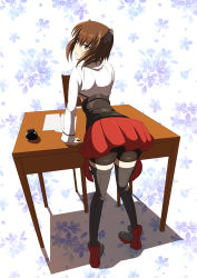 Rule 34 | 10s, 1girl, absurdres, brown eyes, brown hair, desk, female focus, floral background, from behind, full body, headgear, highres, ink bottle, kantai collection, looking at viewer, parted lips, short hair, skirt, solo, taihou (kancolle), thighhighs, tt-sh, white background