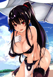Rule 34 | 10s, 1girl, absurdres, bikini, black bikini, black hair, breasts, cleavage, cloud, collarbone, day, gloves, heart, heart-shaped pupils, highres, kantai collection, large breasts, long hair, maki (maki pei), navel, ponytail, red eyes, scrunchie, sky, solo, swimsuit, symbol-shaped pupils, umbrella, yahagi (kancolle)