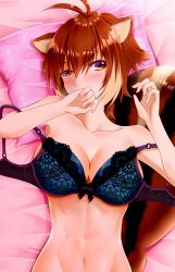 Rule 34 | 1girl, abs, absurdres, animal ears, antenna hair, bed sheet, blazblue, blue bra, blush, bra, breasts, brown eyes, brown hair, chukachuka, cleavage, collarbone, embarrassed, highres, imminent penetration, lace, lace-trimmed bra, lace trim, large breasts, looking at viewer, lying, makoto nanaya, multicolored hair, navel, nose blush, on back, open bra, out-of-frame censoring, pov, short hair, solo, squirrel ears, squirrel girl, squirrel tail, tail, two-tone hair, underwear