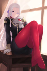 Rule 34 | 1girl, aiguillette, arm support, ascot, black jacket, black shorts, blue eyes, cait aron, cape, closed mouth, crossed ankles, desk, edelgard von hresvelg, feet, fire emblem, fire emblem: three houses, floating hair, garreg mach monastery uniform, gloves, grey hair, hair ornament, hair ribbon, hand up, highres, jacket, knees up, long hair, long sleeves, looking at viewer, nintendo, no shoes, pantyhose, parted bangs, purple ribbon, red cape, red pantyhose, ribbon, shorts, sidelocks, sitting, sleeve cuffs, solo, sunset, toes, uniform, wind, window