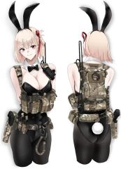 Rule 34 | 1girl, animal ears, ass, backpack, bag, bare shoulders, blonde hair, bow, bowtie, breasts, cleavage, cropped legs, detached collar, fake animal ears, fte (fifteen 199), gun, handgun, highres, holstered, large breasts, leotard, lycoris recoil, multiple views, nishikigi chisato, playboy bunny, rabbit ears, rabbit tail, red eyes, short hair, simple background, smile, tactical playboy bunny, tail, weapon, white background