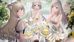 Rule 34 | 3girls, animal ears, bare shoulders, breasts, chair, choker, cleavage, dress, eyebrows hidden by hair, food, fork, grey eyes, highres, jewelry, large breasts, long hair, looking at viewer, looking back, low twintails, maid, multiple girls, necklace, oli o o, original, parted lips, purple eyes, revision, short sleeves, sleeveless, spoon, table, tail, twintails, white hair