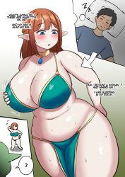 Rule 34 | 1boy, 1girl, ?, ass, before and after, blue eyes, blush, breasts, brown hair, collar, elf, english text, engrish text, genderswap, genderswap (mtf), goblin, grabbing own breast, highres, huge ass, huge breasts, kakipeanuts, loincloth, navel, pale skin, pillow, plump, pointy ears, ranguage, shiny skin, sleeping, standing, sweat, thick thighs, thighs, transformation, wide hips