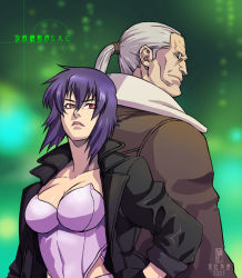 Rule 34 | 1boy, 1girl, back-to-back, batou (gits), black gloves, black jacket, blurry, breasts, brown coat, cleavage, closed mouth, coat, collarbone, copyright name, dated, depth of field, from side, ghost in the shell, ghost in the shell stand alone complex, gloves, hair between eyes, hair tie, hand on own hip, height difference, high collar, highleg, highleg leotard, hip focus, jacket, kusanagi motoko, large breasts, leather, leather jacket, leotard, lips, looking to the side, looking up, open clothes, open jacket, ponytail, profile, purple hair, red eyes, ryuuki garyuu, serious, short hair, sideburns, silver hair, standing, strapless, strapless leotard, upper body