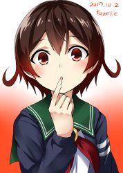Rule 34 | 1girl, 2017, artist name, blue jacket, brown hair, crescent, crescent pin, dated, finger to mouth, gradient background, gradient hair, green sailor collar, highres, jacket, kamelie, kantai collection, looking at viewer, multicolored hair, mutsuki (kancolle), mutsuki kai ni (kancolle), neckerchief, orange background, red hair, red neckerchief, sailor collar, school uniform, serafuku, short hair, solo, upper body