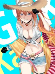 Rule 34 | 1girl, arm up, bikini, black bikini, black choker, black gloves, blue eyes, blush, breasts, choker, cleavage, collarbone, commentary, denim, denim shorts, english commentary, feet out of frame, girls&#039; frontline, gloves, hat, highres, kalina (girls&#039; frontline), leaning forward, long hair, looking at viewer, medium breasts, mik blamike, navel, official alternate costume, open clothes, open mouth, open shirt, orange hair, parted lips, shirt, shorts, side ponytail, simple background, sleeves rolled up, smile, solo, standing, stomach, sun hat, swimsuit, teeth, white shirt