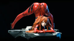 Rule 34 | 1girl, absurdres, artist request, ass, black background, blue eyes, bodysuit, brown hair, figure, flexible, gradient hair, hair ornament, highres, huge ass, interface headset, jack-o&#039; challenge, lips, long hair, looking at viewer, meme, multicolored hair, neon genesis evangelion, photo (medium), plugsuit, red bodysuit, shiny clothes, simple background, solo, souryuu asuka langley, spread legs, stretching, torn clothes, twintails, two side up, very long hair, wide spread legs