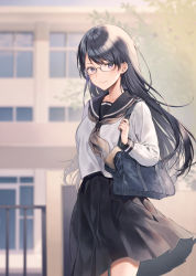 Rule 34 | 1girl, bag, black hair, black sailor collar, black skirt, blurry, blurry background, brown neckerchief, building, closed mouth, commentary request, day, depth of field, gate, glasses, hand up, holding strap, looking at viewer, midorikawa you, neckerchief, original, outdoors, pleated skirt, purple eyes, sailor collar, school bag, school uniform, serafuku, shirt, skirt, smile, solo, white shirt, window