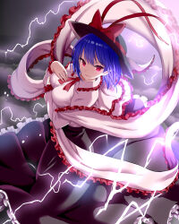 Rule 34 | 1girl, black hat, black skirt, capelet, collared shirt, electricity, frilled capelet, frilled skirt, frills, givuchoko, hagoromo, hat, hat ribbon, looking at viewer, nagae iku, open mouth, purple hair, red eyes, red ribbon, ribbon, shawl, shirt, short hair, skirt, smile, solo, touhou, white capelet, white shirt