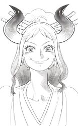 Rule 34 | 1girl, absurdres, closed mouth, earrings, female focus, happy, highres, horns, iago fn, jewelry, lips, long hair, looking at viewer, monochrome, multicolored hair, nose, one piece, portrait, sidelocks, smile, solo, tareme, two-tone hair, yamato (one piece)