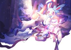 Rule 34 | alternate color, bag, closed mouth, commentary request, creatures (company), eko (wk egg), game freak, gen 6 pokemon, jewelry, nintendo, no humans, pink eyes, pokemon, pokemon (creature), shiny pokemon, smile, sparkle, standing, sylveon, twitter username, watermark