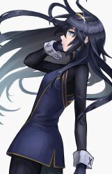Rule 34 | 1girl, blue eyes, blue gloves, blue hair, fire emblem, fire emblem awakening, from side, gloves, hand on own face, highres, long hair, long sleeves, looking at viewer, looking to the side, lucina (fire emblem), nintendo, parted lips, solo, symbol in eye, tiara, white background, zuzu (ywpd8853)