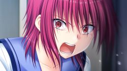 Rule 34 | 10s, 1girl, angel beats!, close-up, collarbone, eyebrows, game cg, gradient background, indoors, iwasawa masami, looking at viewer, na-ga, open mouth, purple hair, red eyes, screaming, short hair, solo, tears