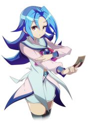 Rule 34 | 1girl, :&lt;, black thighhighs, blue hair, blue sailor collar, card, closed mouth, cowboy shot, hair between eyes, holding, holding card, kamishiro rio, long hair, long sleeves, looking at viewer, multicolored hair, outstretched arm, pakotaroh, pink eyes, sailor collar, simple background, solo, thighhighs, two-tone hair, white background, yu-gi-oh!, yu-gi-oh! zexal, zettai ryouiki