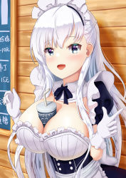 Rule 34 | 1girl, absurdres, azur lane, belfast (azur lane), between breasts, blue eyes, blush, breasts, cleavage, drinking straw, gloves, highres, jelilianamiku, large breasts, long hair, looking at viewer, low neckline, maid, maid headdress, open mouth, white gloves, white hair