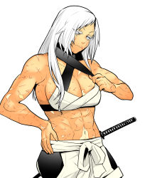 Rule 34 | 1girl, abs, adjusting clothes, breasts, cleavage, crown, female focus, fujita kakuji, halterneck, hand on own hip, highres, katana, long hair, muscular, muscular female, navel, original, scar, scar on face, simple background, solo, sword, weapon, white background, white hair